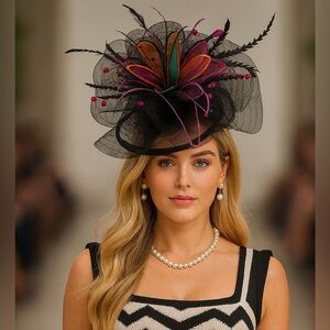 Kentucky Derby Hat Fascinator Elegant Formal Ocassion Black Multi Colored Floral